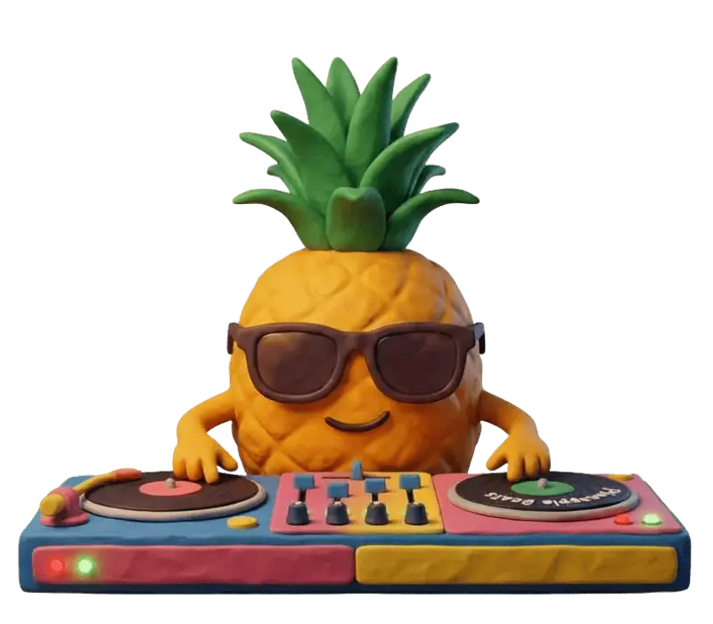 Funhouse Maskottchen. Eine coole Ananas mit Sonnenbrille am DJ-Pult im verspielten Clay-Stil.