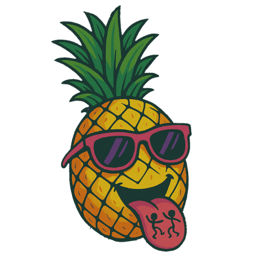 Funhouse Ananas-Logo mit Sonnenbrille und Zunge. Das ikonische Markenzeichen des Kollektivs.